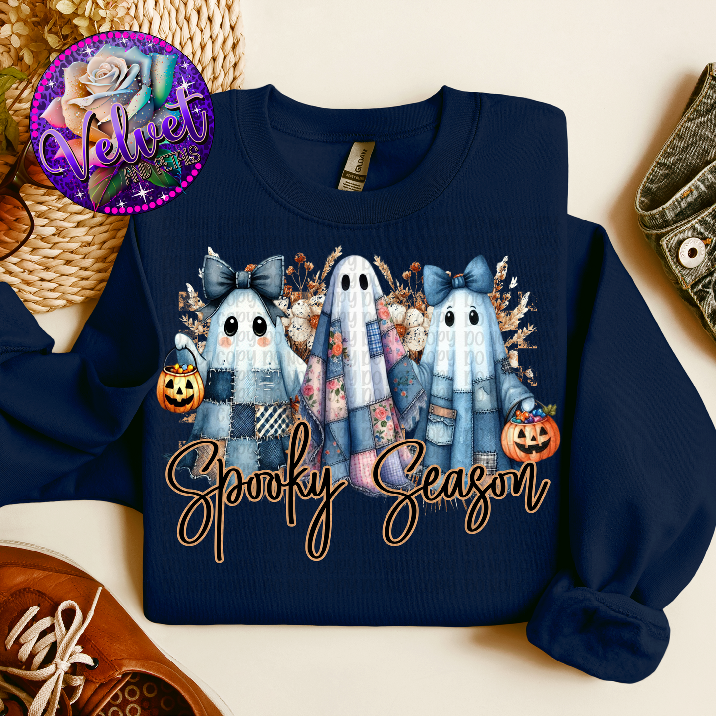 Blue Patchwork Ghosts-Black Lettering