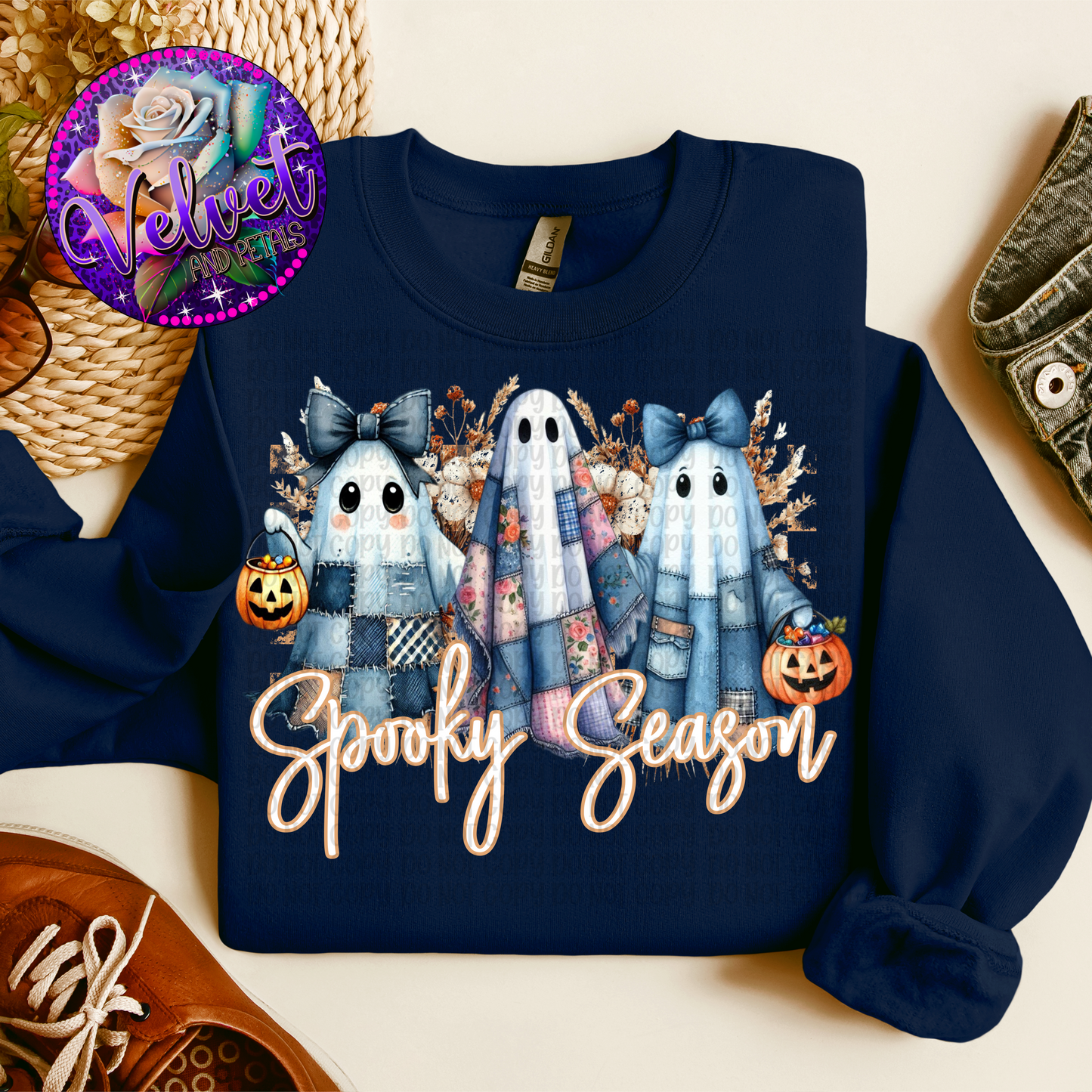 Blue Patchwork Ghosts-White Lettering