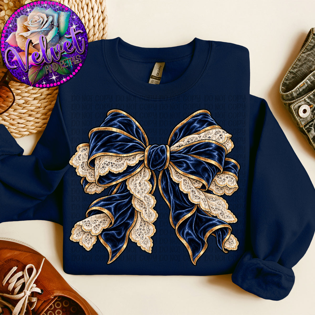 Navy Blue Velvet And Lace Bow