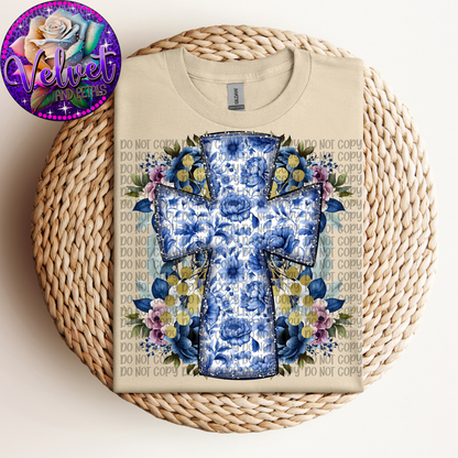 Blue Cross And Flowers